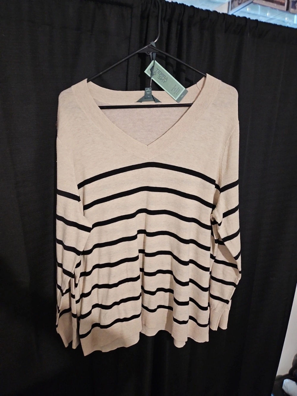 Terra & Sky Beige V-Neck Sweater with Black Stripes